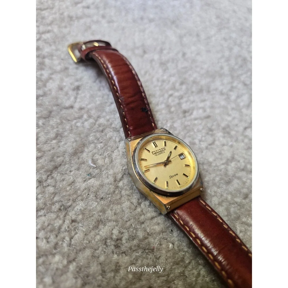 Citizen Seven Watch Mens Gold Tone Champagne Dial Date Quartz Dress Watch vtg
